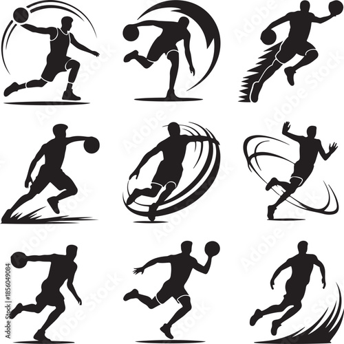 Dynamic basketball player silhouettes in various action poses