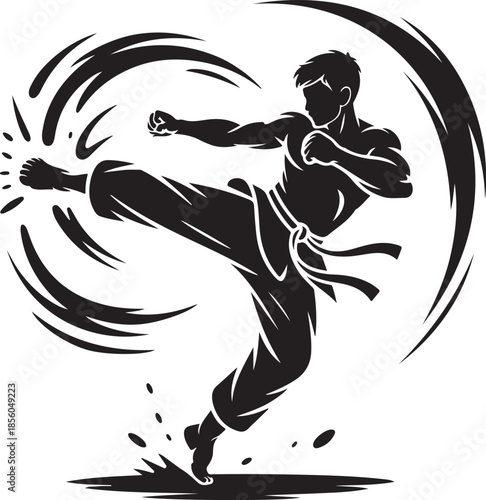 Dynamic martial arts kick action by athlete in midmovement