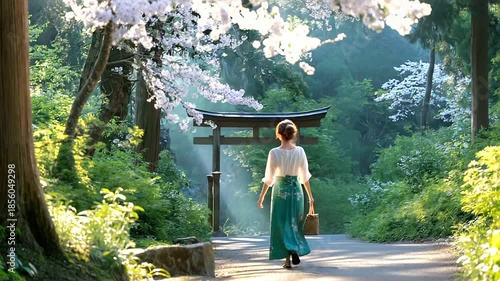 Figure in traditional hakama garment strolling near torii gate structure, morning mist, sakura surroundings, forest pathway, cultural scene, with copy space