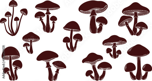 Minimalist Mushroom Silhouettes | Black & White Fungi Vector