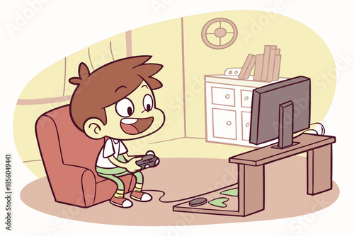 Vector illustration of a little boy character playing computer games. Ideal for gaming, kids' activities, or technology-related designs.