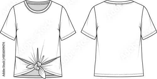 Women tie front t-shirt fashion technical sketch showing front back views casual summer top cad drawing flat vector illustration