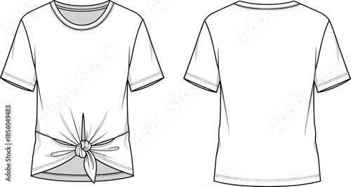 Women tie front t-shirt fashion technical sketch showing front back views cad drawing flat vector illustration womenswear casual top design