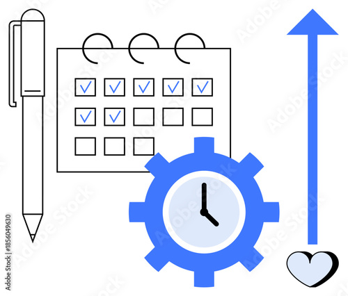 Planning, scheduling, goal setting, productivity, task management, efficiency. Calendar with checkmarks, gear with clock pen upward arrow and heart. Planning and scheduling visualization