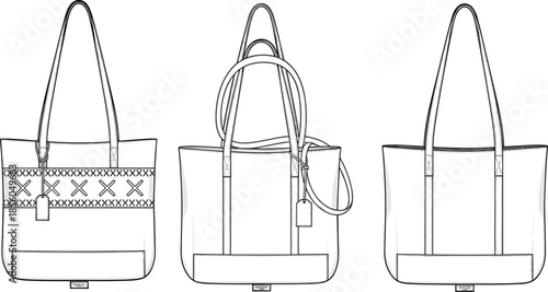 Women tote bag fashion technical sketch showing multiple front views with handle details cad drawing flat vector illustration