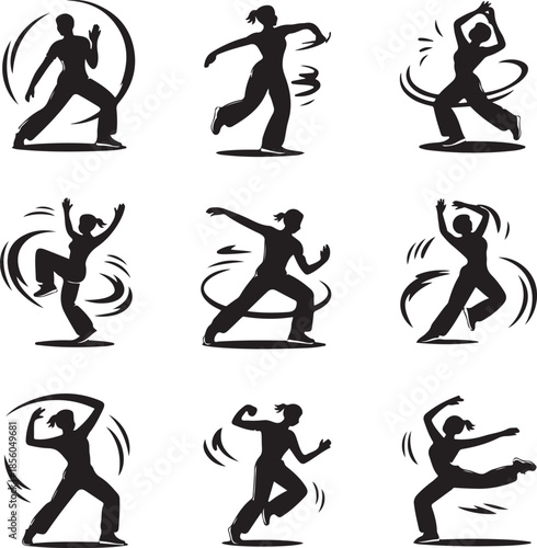 Dynamic martial arts poses collection with various fighting stances