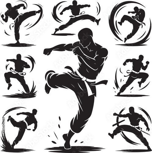 Dynamic martial arts poses collection with high kicks and punches
