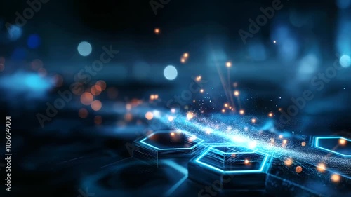Futuristic abstract digital background featuring glowing blue geometric shapes and data particles, technology innovation, big data representation, AI concepts, defocused background