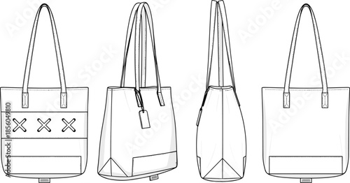 Women tote bag fashion technical sketch showing front side back views with handle and pocket details cad drawing flat vector illustration