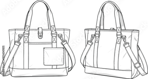 Women tote handbag fashion technical sketch showing front back views with shoulder strap cad drawing flat vector illustration