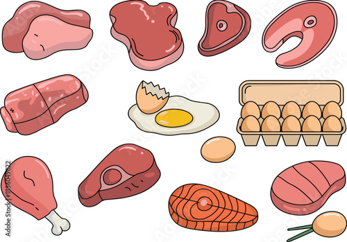 Hand drawn meat and protein food set illustration, with beef chicken salmon eggs cartoon style nutrition design healthy kitchen background