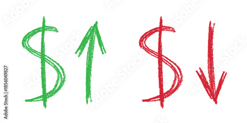 Hand drawn dollar currency symbol Growth and fall profit with arrow up and down Brush stroke doodle Element for design
