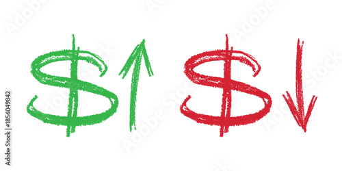 Hand drawn dollar currency symbol Growth and fall profit with arrow up and down Brush stroke doodle Element for design