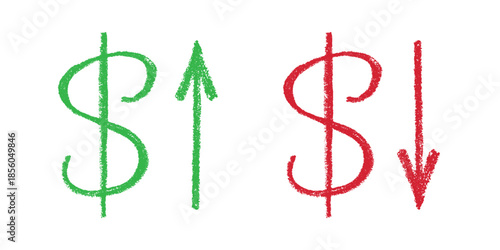 Hand drawn dollar currency symbol Growth and fall profit with arrow up and down Brush stroke doodle Element for design