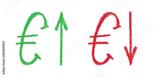 Hand drawn euro currency symbol Growth and fall profit with arrow up and down Brush stroke doodle Element for design