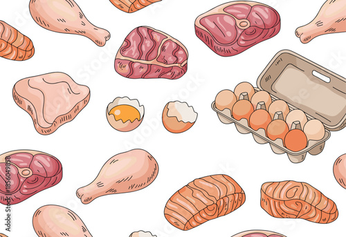 Hand drawn meat and protein food set illustration, with beef chicken salmon eggs cartoon style nutrition design healthy kitchen background