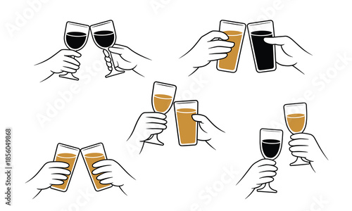 Assorted Hands Clinking Different Beverage Glasses