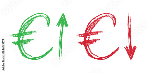Hand drawn euro currency symbol Growth and fall profit with arrow up and down Brush stroke doodle Element for design