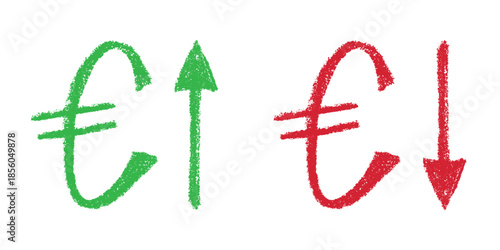 Hand drawn euro currency symbol Growth and fall profit with arrow up and down Brush stroke doodle Element for design