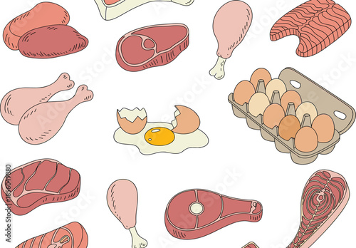Hand drawn meat and protein food set illustration, with beef chicken salmon eggs cartoon style nutrition design healthy kitchen background