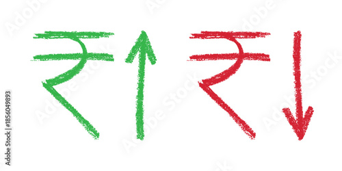 Hand drawn rupee currency symbol Growth and fall profit with arrow up and down Brush stroke doodle Element for design