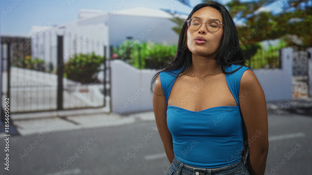 Fototapeta premium Woman with exposed chest and pursed lips wearing glasses standing on a street by a gated house; quiet contemplation.