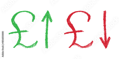Hand drawn british pound currency symbol Growth and fall profit with arrow up and down Brush stroke doodle Element for design