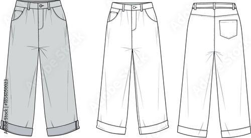 Women wide leg cuffed pants fashion technical sketch showing front back views cad drawing flat vector illustration womenswear
