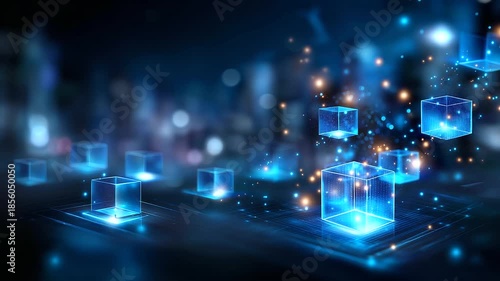 Futuristic abstract digital background with glowing blue geometric cubes and data particles, technology innovation representation, big data concepts, AI theme, defocused layers, wi