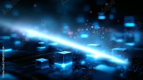 Futuristic abstract digital background with glowing blue geometric cubes and data particles, technology innovation representation, big data and artificial intelligence, defocused l