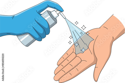 Hand sanitizer spray illustration, showing hygiene protection, disinfecting hands, medical safety, virus prevention