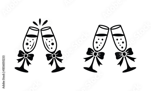 Two Champagne Glasses with Bows Clinking, Toasting Celebration