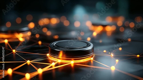 Futuristic black circular nodes connected by glowing orange lines, network visualization on dark surface, dramatic lighting and depth effect, defocused connections, with copy space