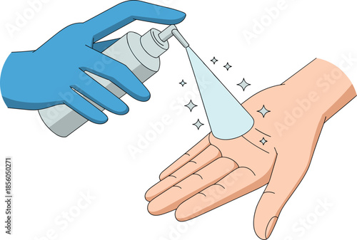 Hand sanitizer spray illustration, showing hygiene protection, disinfecting hands, medical safety, virus prevention