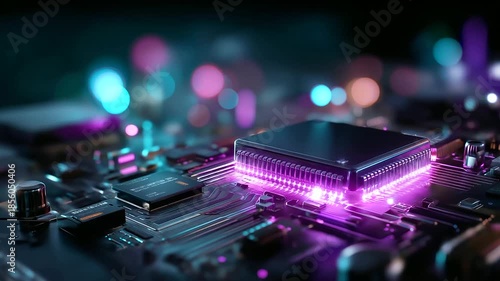 Futuristic circuit board with glowing purple and blue neon elements, depth perspective creation, technology and artificial intelligence concepts, digital designs, defocused compone