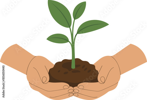 Hands holding young plant in soil symbolizing growth sustainability eco friendly nature care environmental protection concept illustration agriculture conservation nurture