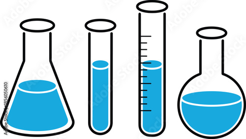 Laboratory glassware illustration, chemistry equipment set, flask, test tube, graduated cylinder, round bottom flask, science experiment, blue liquid