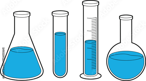 Laboratory glassware illustration, chemistry equipment set, flask, test tube, graduated cylinder, round bottom flask, science experiment, blue liquid