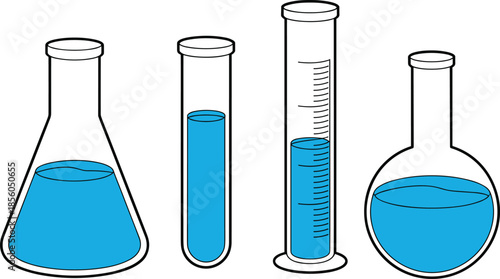 Laboratory glassware illustration, chemistry equipment set, flask, test tube, graduated cylinder, round bottom flask, science experiment, blue liquid