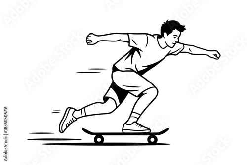 A young person is depicted in a dynamic, stylized illustration as they ride a skateboard with speed and agility, their body leaning forward in a determined posture.
