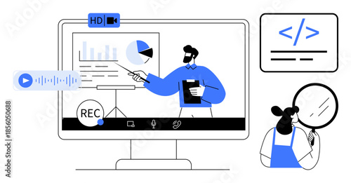 E-learning, remote work, virtual meetings, online education, video streaming, communication. A person presenting charts on a screen with recording tools and a viewer observing. E-learning and remote