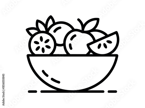 A simple line drawing of a bowl filled with various fruits, including apples, oranges, and slices of citrus.