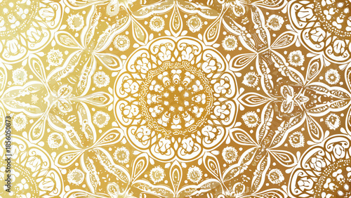 Intricate golden floral pattern with detailed white lace elements and soft gradients