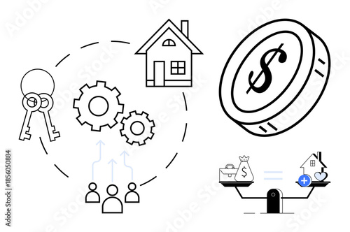 Real estate financing concept. Real estate icons highlighting property keys, housing investment, financial decisions, and balance scales. Real estate, finance, decision-making and economics. Ideal