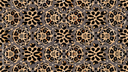 A seamless pattern featuring stylized leopard spots on a gray background