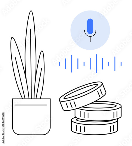 Smart technology, financial transactions, voice assistance, innovation, audio analysis, digital transformation. Microphone icon with soundwave, coins and plant. Smart technology and financial