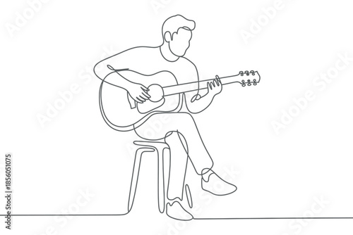 A person sits on a stool and plays an acoustic guitar in a continuous line drawing.