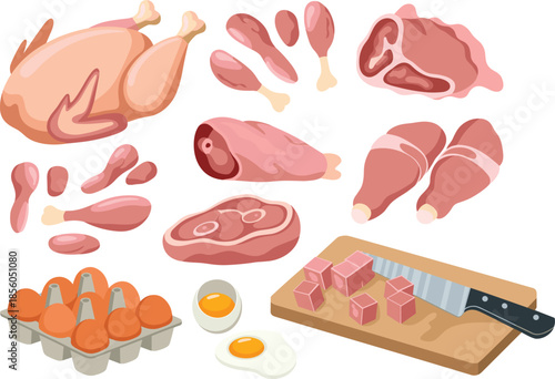 Raw meat and eggs illustration set with chicken beef pork cuts drumsticks steak kitchen preparation elements isolated white background