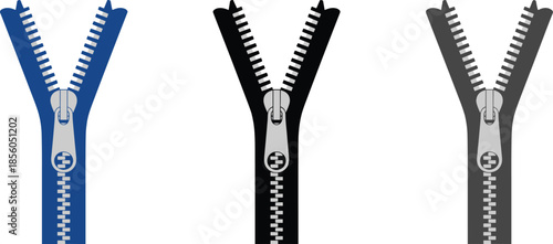 Realistic zipper set illustration, with metal teeth sliders isolated on white background vector design for fashion garment accessory template