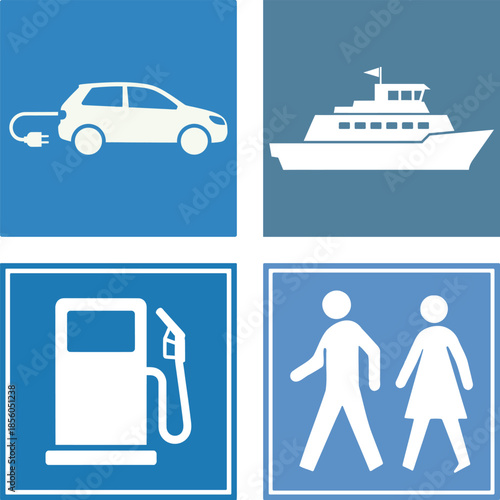 Four graphic icons electric car ferry fuel pump pedestrian crossing charging plug